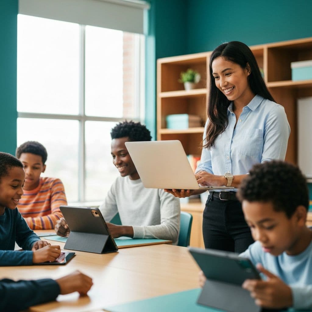 Een docent die met vertrouwen technologie gebruikt in een modern klaslokaal